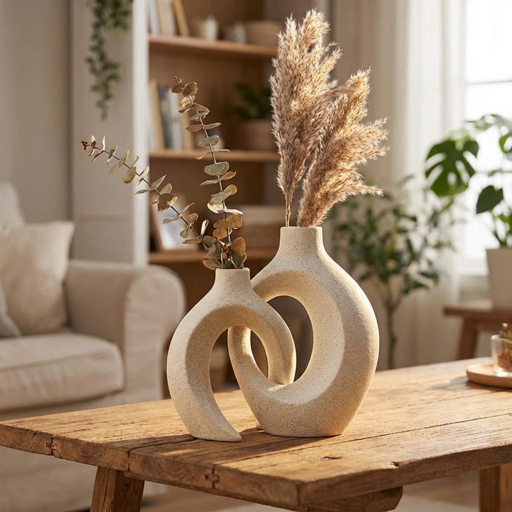 2-piece sculptural ceramic vase set styled on a table, Kiyo Home