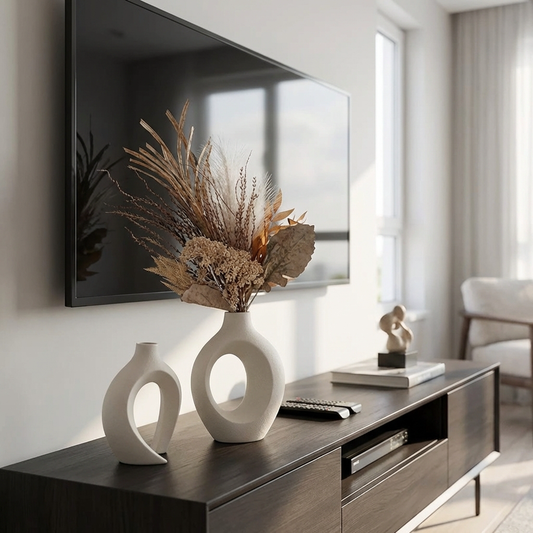 White 2-piece sculptural hollow ceramic vase set styled on a TV console, Kiyo Home