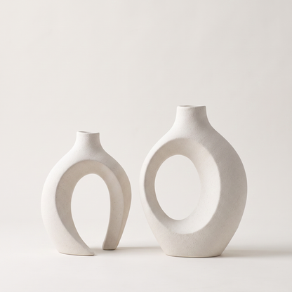 White 2-piece sculptural hollow ceramic vase set, Kiyo Home