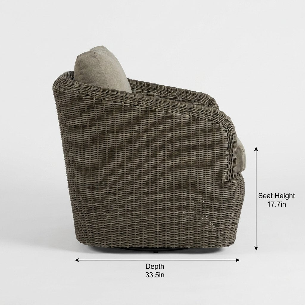 Side view of the gray-brown rattan swivel barrel chair with dimensions labeled Seat Height 17.7in and Depth 33.5in
