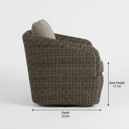 Side view of the gray-brown rattan swivel barrel chair with dimensions labeled Seat Height 17.7in and Depth 33.5in