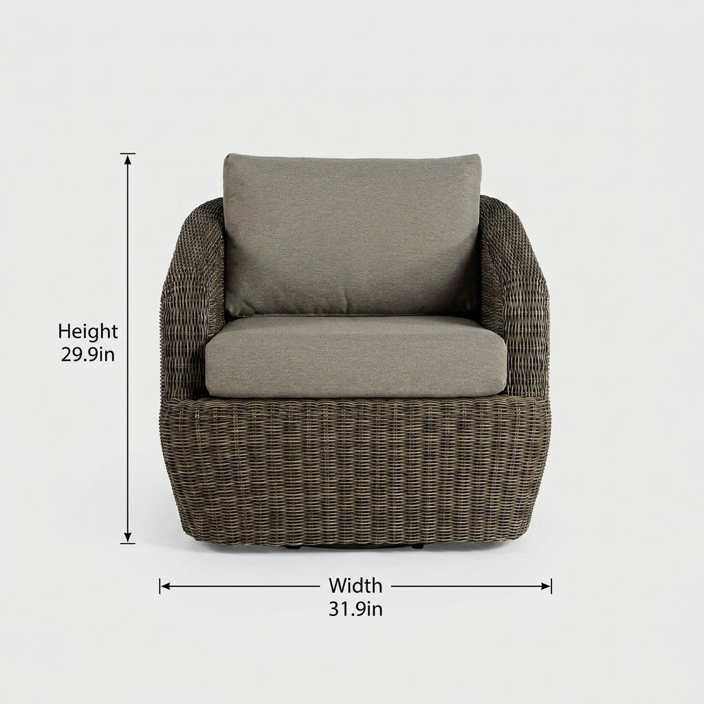 Front view of the gray-brown rattan swivel barrel chair with dimensions labeled Height 29.9in and Width 31.9in