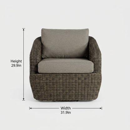 Front view of the gray-brown rattan swivel barrel chair with dimensions labeled Height 29.9in and Width 31.9in