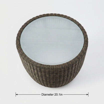 Top-down view of the round rattan table with a pale glass top, labeled Diameter 20.1in