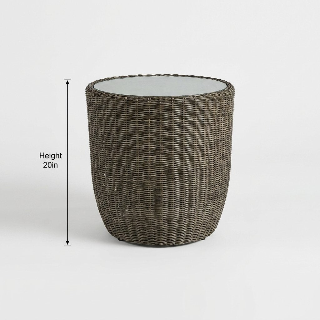 Front view of the round rattan drum table with a frosted glass top, labeled Height 20in