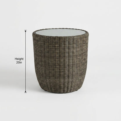 Front view of the round rattan drum table with a frosted glass top, labeled Height 20in