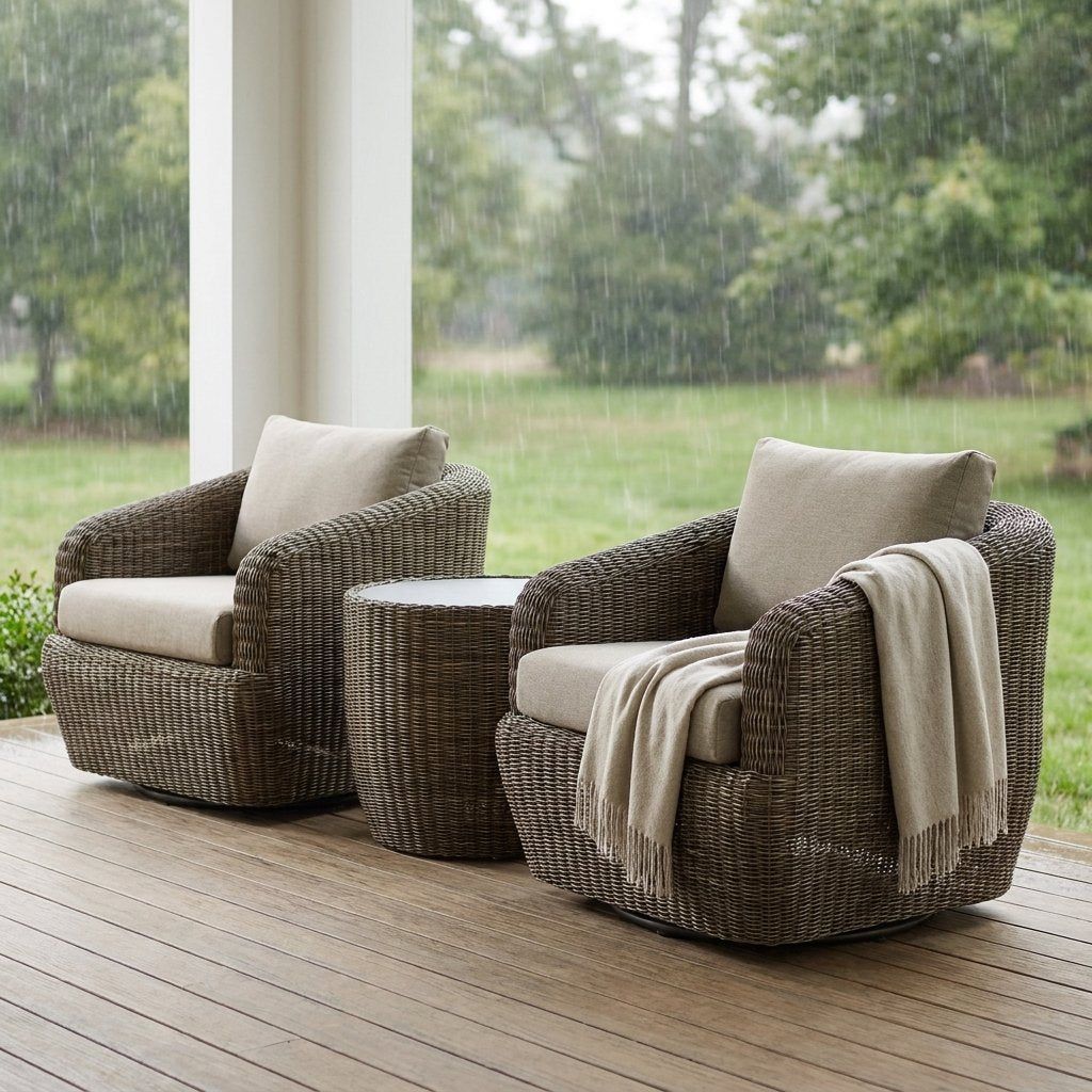 Two gray-brown rattan swivel barrel chairs with greige cushions and a round rattan table on a covered wooden porch in the rain, with a fringed cream throw over the right chair