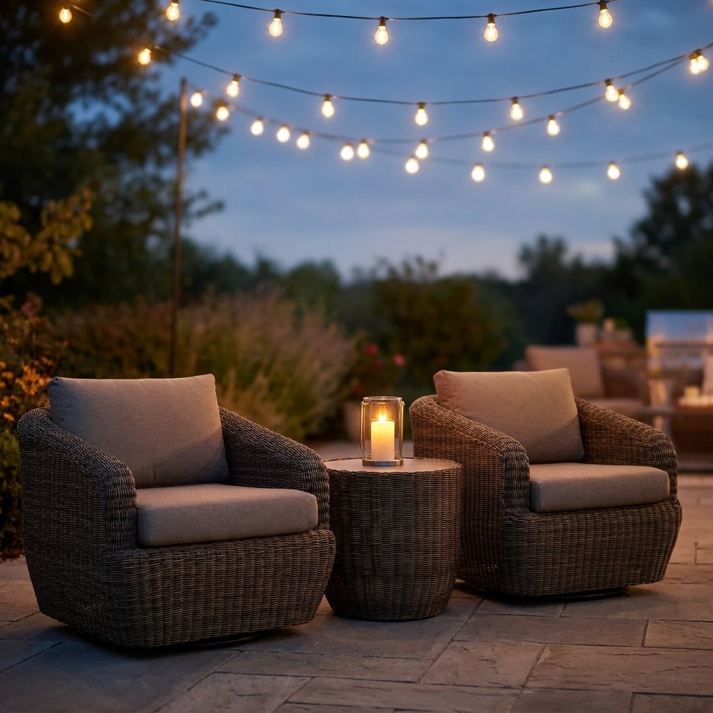 Two gray-brown rattan swivel barrel chairs with greige cushions and a round rattan table with a lit white pillar candle in a glass hurricane on a stone patio at dusk under string lights