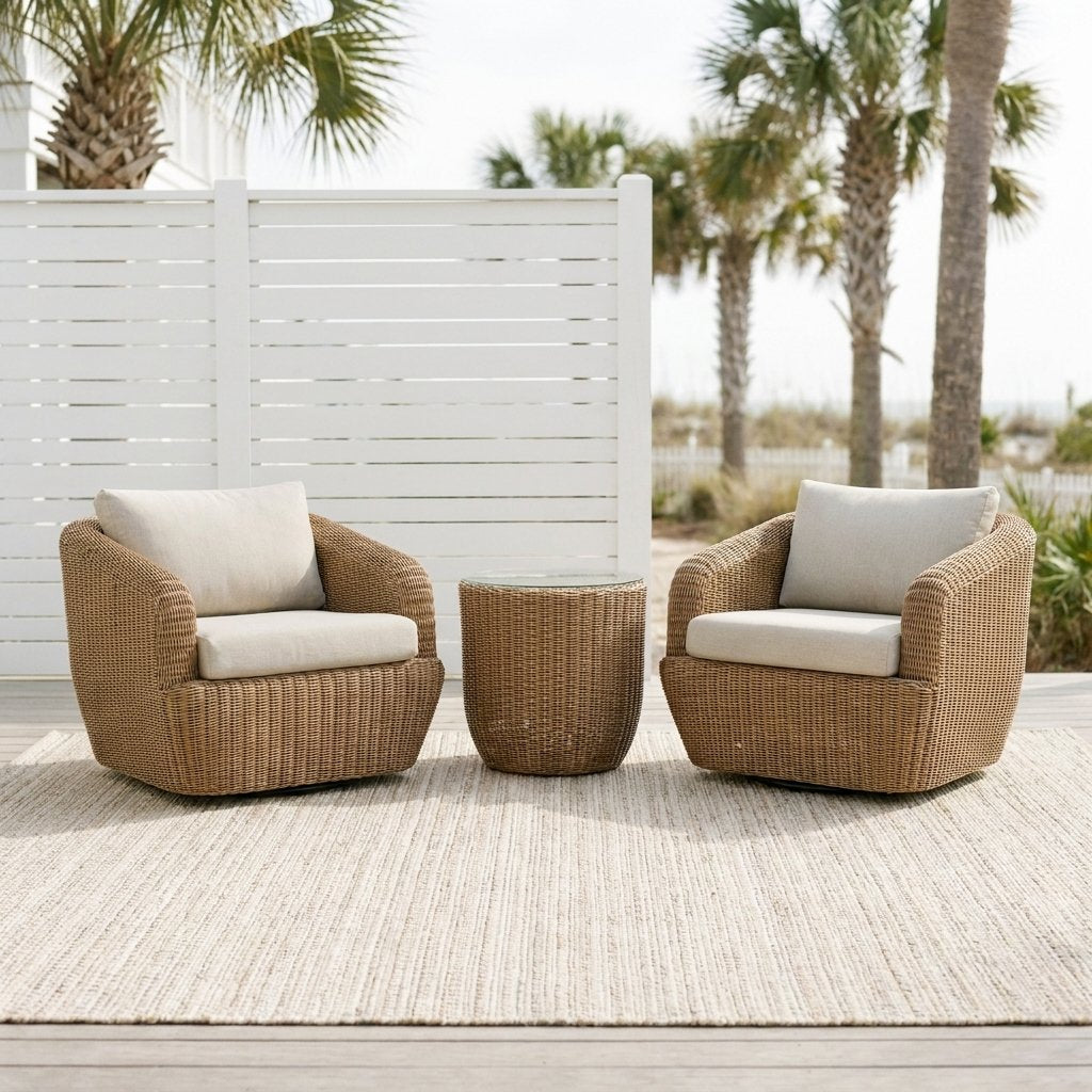 Two honey-tan rattan swivel barrel chairs with cream cushions and a round rattan table on a weathered wood deck with a jute rug, white slat fence, palms and dune grass
