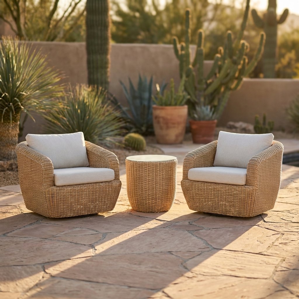 Two honey-tan rattan swivel barrel chairs with cream cushions and a round rattan table on a terracotta flagstone patio with a saguaro cactus, agave and terracotta pots at sunset