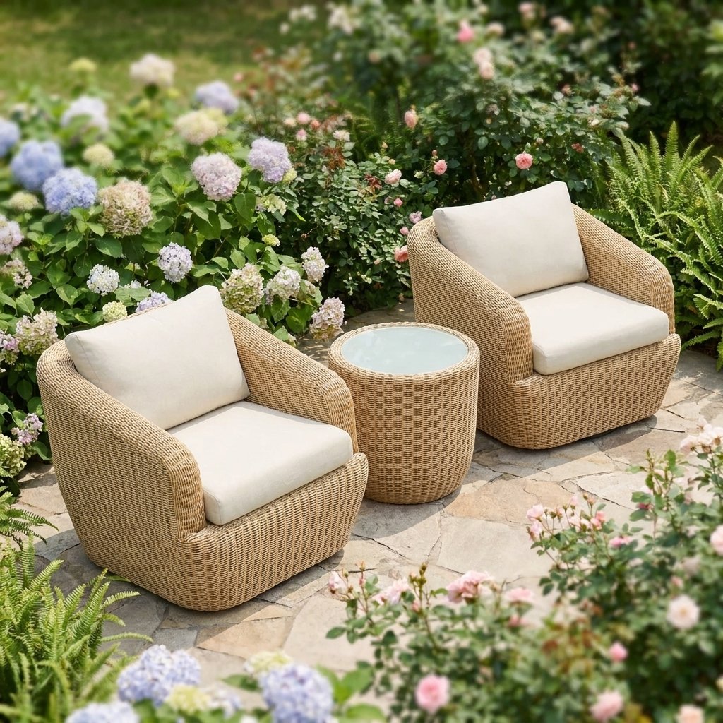 Raised view of honey-tan rattan swivel barrel chairs with cream cushions and a round rattan table on flagstones among hydrangeas, roses and ferns