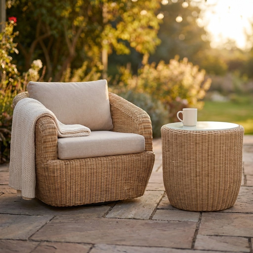 Honey-tan rattan swivel barrel chair with a cream cushion and a cream knit throw over the arm, beside a round rattan table with a white mug on a flagstone patio at golden hour