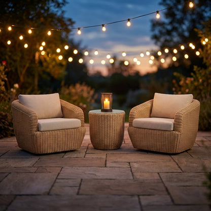 Two honey-tan rattan swivel barrel chairs with cream cushions and a round rattan table holding a dark metal lantern and a lit pillar candle on a flagstone patio under string lights at dusk