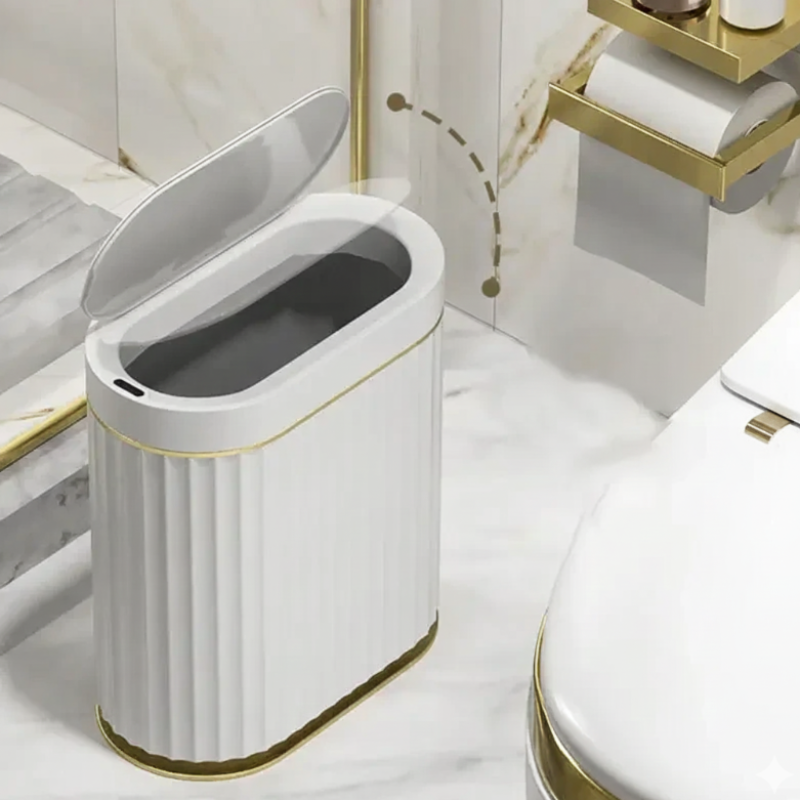 Tall, white, oval smart trash can with gold trim.