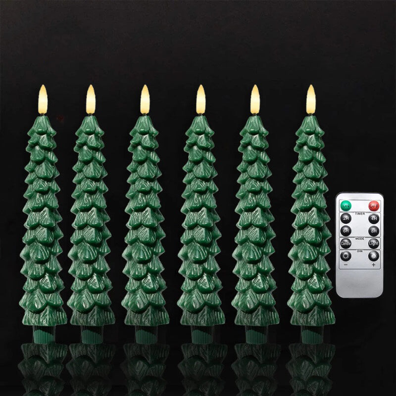 Six green LED candles shaped like Christmas trees with a remote control, set against a dark background.