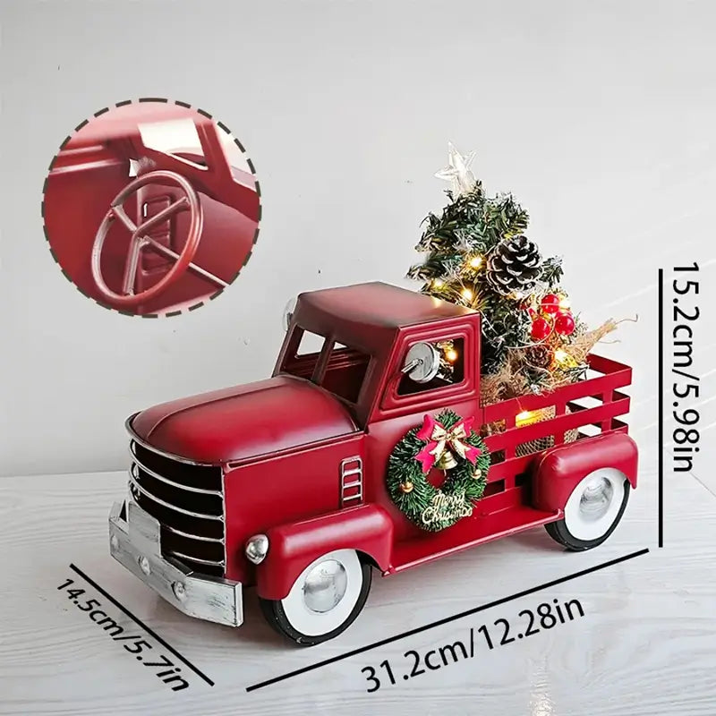 Red Christmas truck with tree and dimensions.