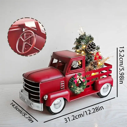 Red Christmas truck with tree and dimensions.