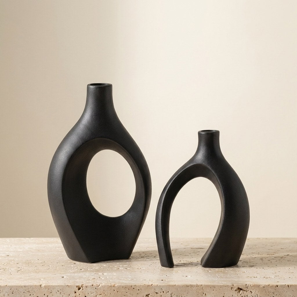 Black 2-piece sculptural hollow ceramic vase set, Kiyo Home
