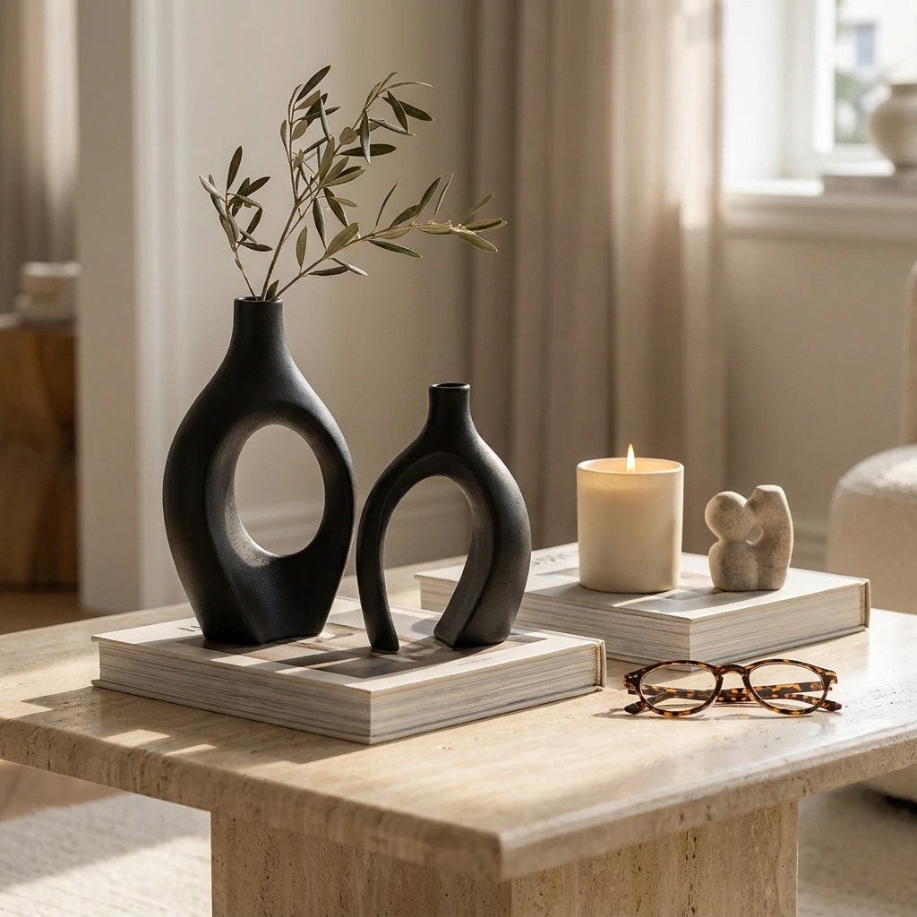 Black 2-piece sculptural ceramic vase set on a coffee table, Kiyo Home