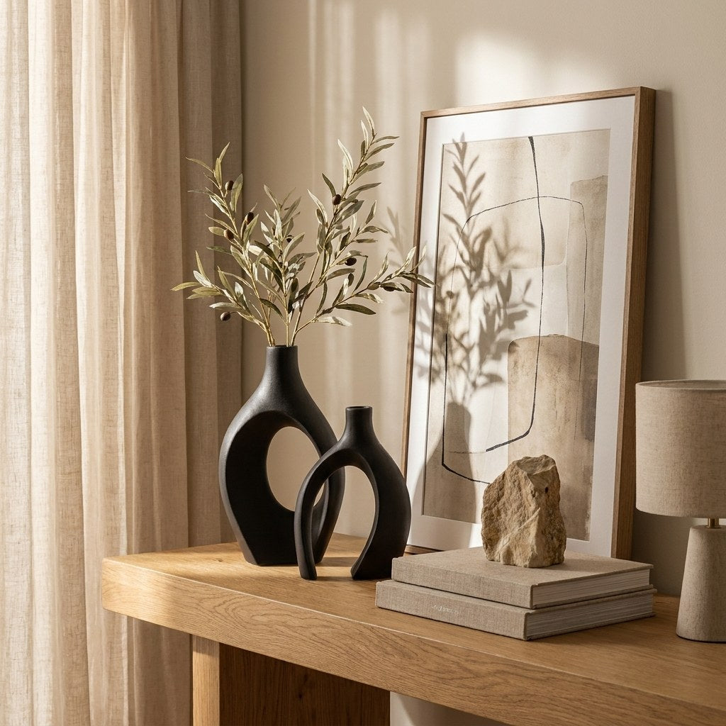 Black 2-piece sculptural ceramic vases on a console with olive branches, Kiyo Home