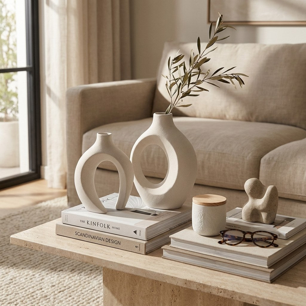 White 2-piece sculptural ceramic vase set on a coffee table, Kiyo Home