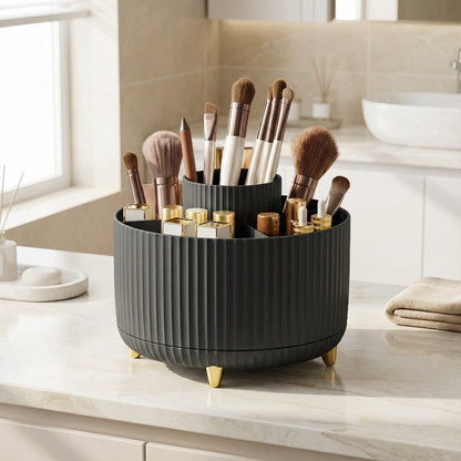 360° black rotating makeup organizer designed for brushes and beauty essentials.