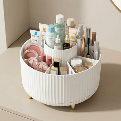 360° white rotating makeup organizer for brushes and beauty essentials.