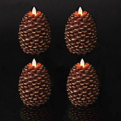 Four LED candles shaped like pinecones on a dark background.