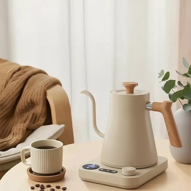A cream-colored gooseneck kettle and a mug on a table.