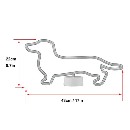 Dachshund neon sign schematic with dimensions: 43cm (17in) long by 22cm (8.7in) tall.
