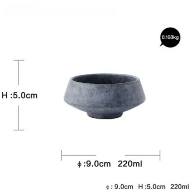 A dark gray porcelain bowl with a frosted texture and a contemporary design. The bowl has a height of 2 inches (5 cm) and a diameter of 3.5 inches (9 cm), with a 220 ml capacity. Weight: 0.168 kg.