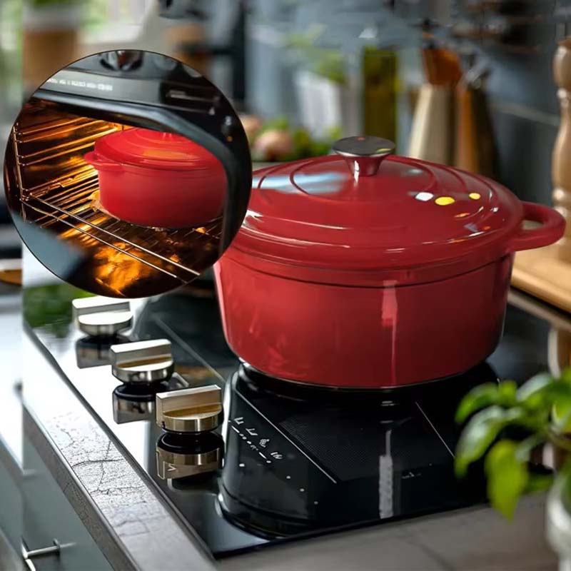 A red pot on a stove with a close-up of a pot in an oven.