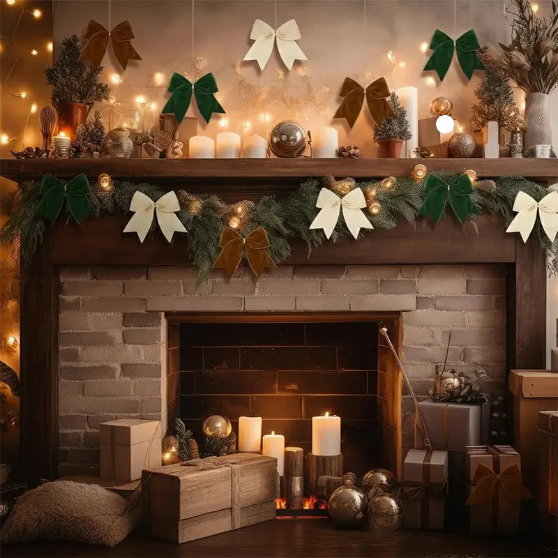 Christmas mantel decorated with greenery, candles, lights, and velvet bows in green, cream, and brown.