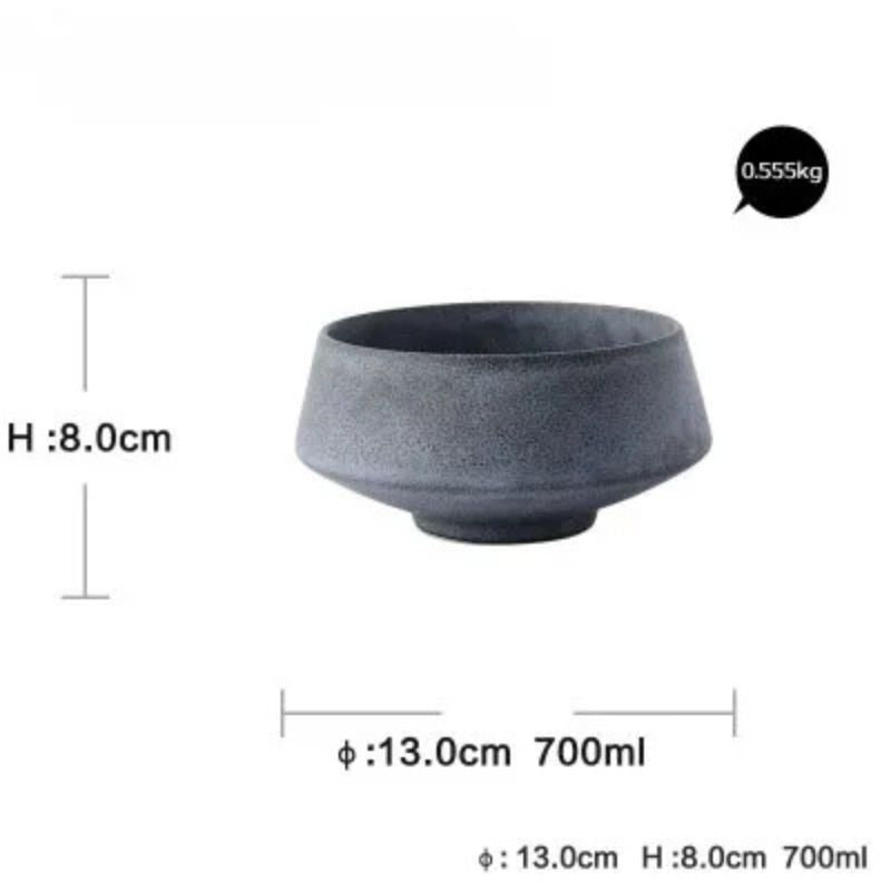 A dark gray porcelain bowl with a frosted texture and a minimalist, modern design. The bowl has a height of 3.1 inches (8 cm) and a diameter of 5.1 inches (13 cm), with a 700 ml capacity. Weight: 0.555 kg.