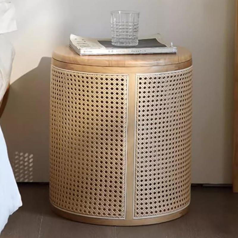 Coastal-style rattan accent table with hidden storage for small spaces.