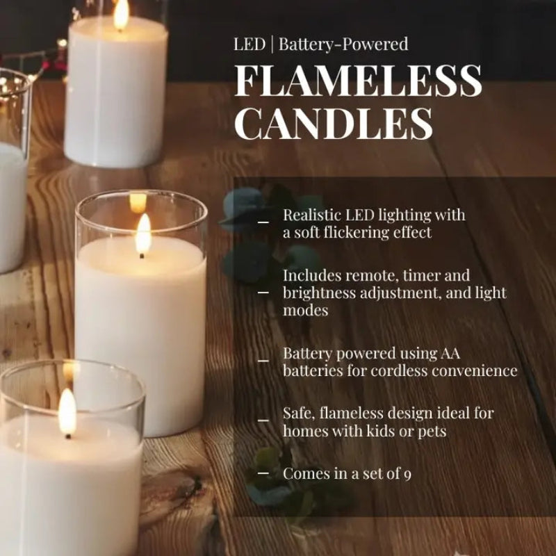 Flameless candles on a wooden surface with product features listed.