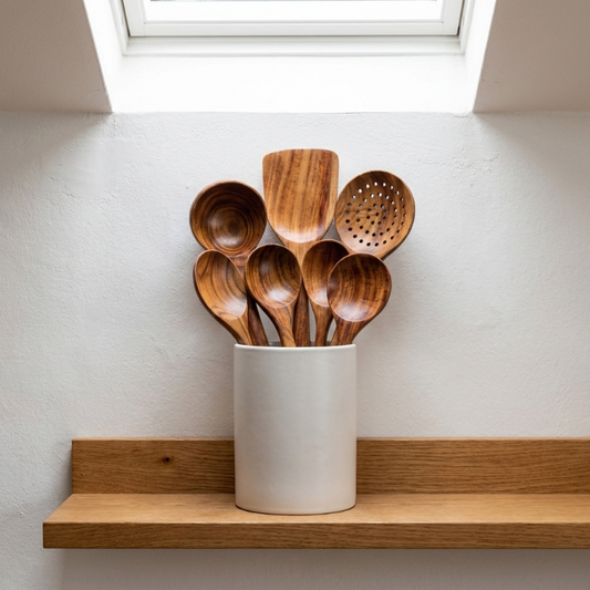 Set of wooden kitchen utensils in a white container on a wooden shelf.