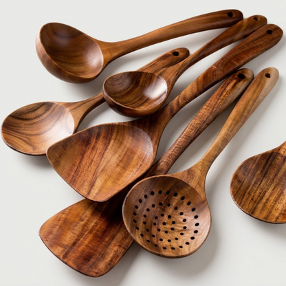 Set of wooden spoons on a light gray background