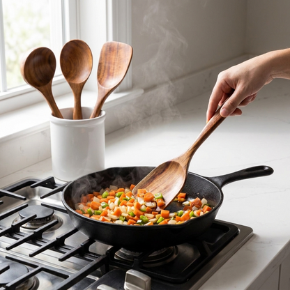 Person stirring vegetables in a frying pan on a stove with wooden spoons in the background.