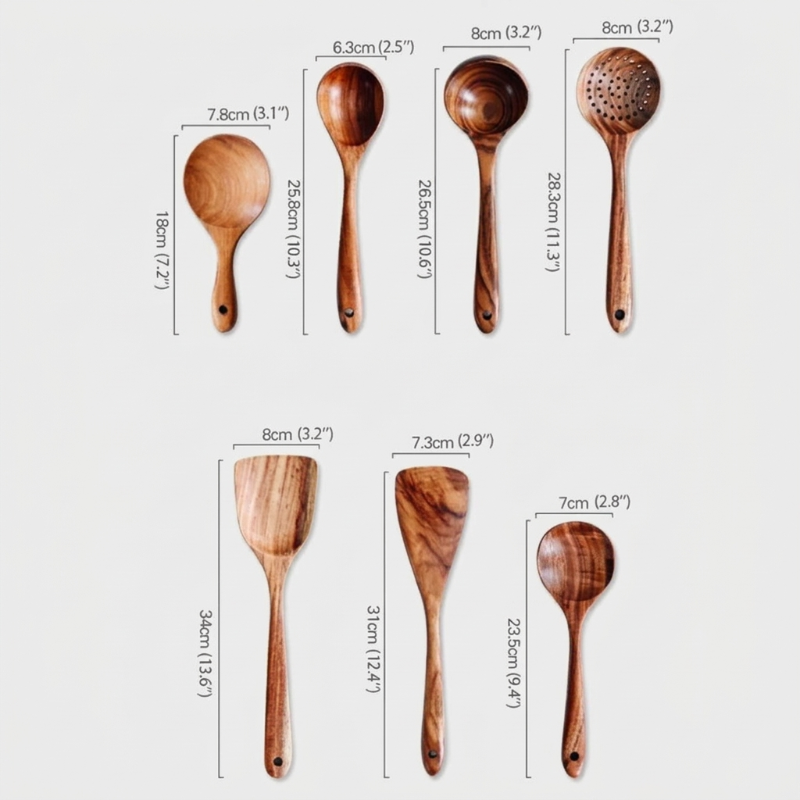 Set of wooden kitchen utensils with measurements on a white background