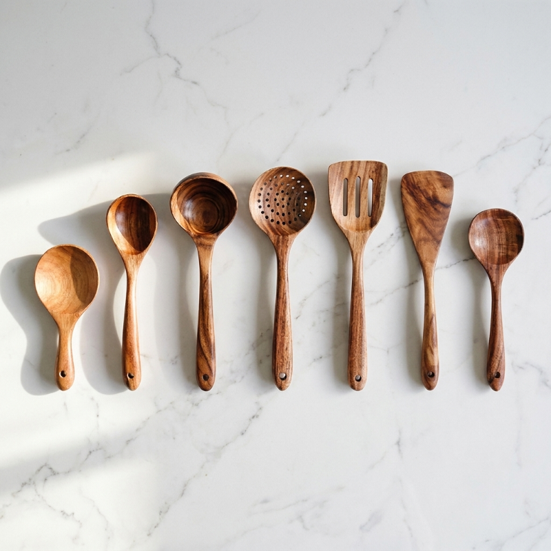 Set of wooden kitchen utensils on a marble surface