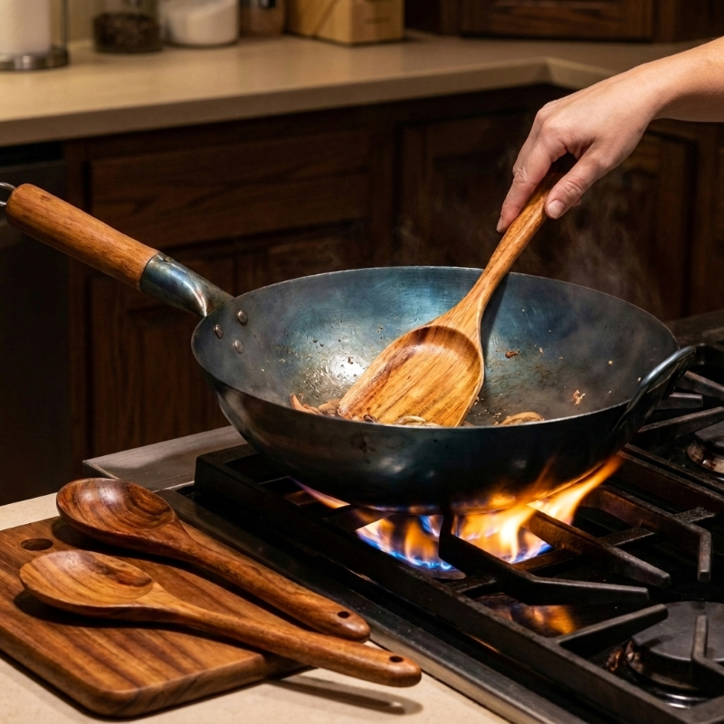 Person using a wooden spatula in a hot wok on a stove with wooden utensils on a cutting board below.