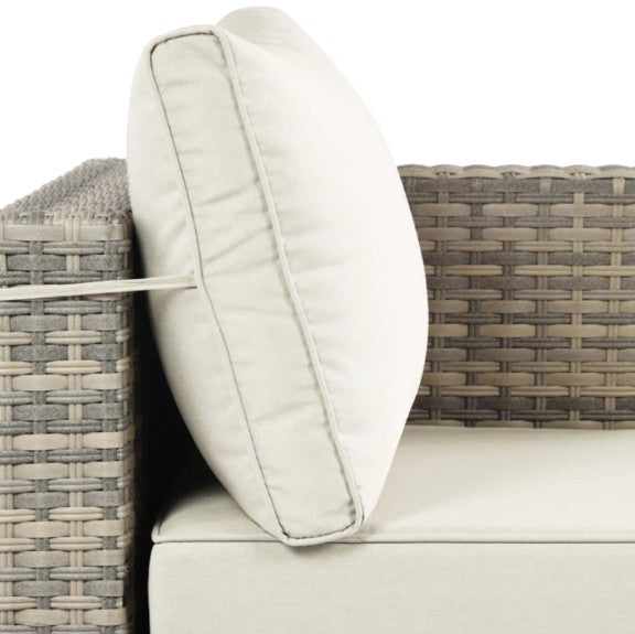 Close-up of the gray wicker weave and cushion on the outdoor sectional