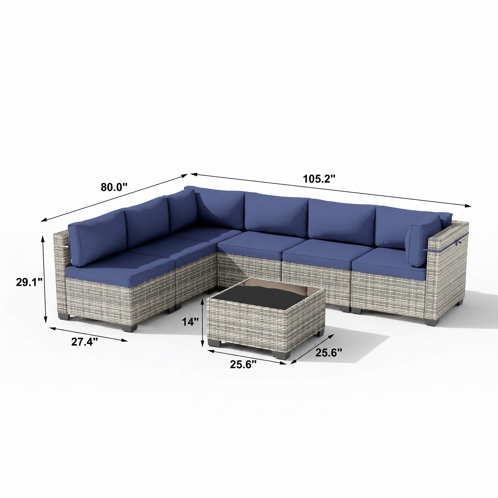 Dimension diagram of the 7-piece wicker outdoor sectional and coffee table with measurements
