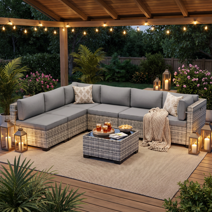 Gray-cushion 7-piece wicker outdoor sectional on a covered patio at dusk with string lights