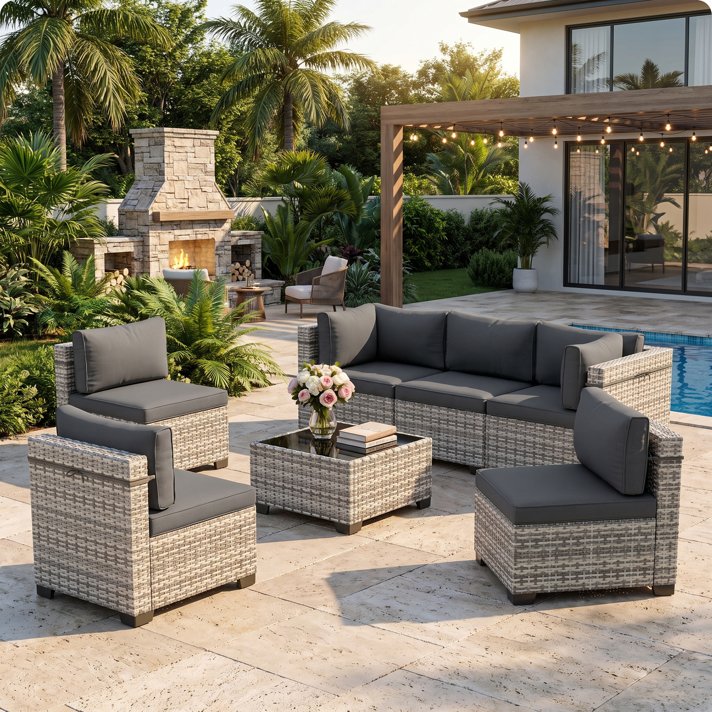 Gray-cushion 7-piece wicker outdoor sectional with coffee table on a modern patio