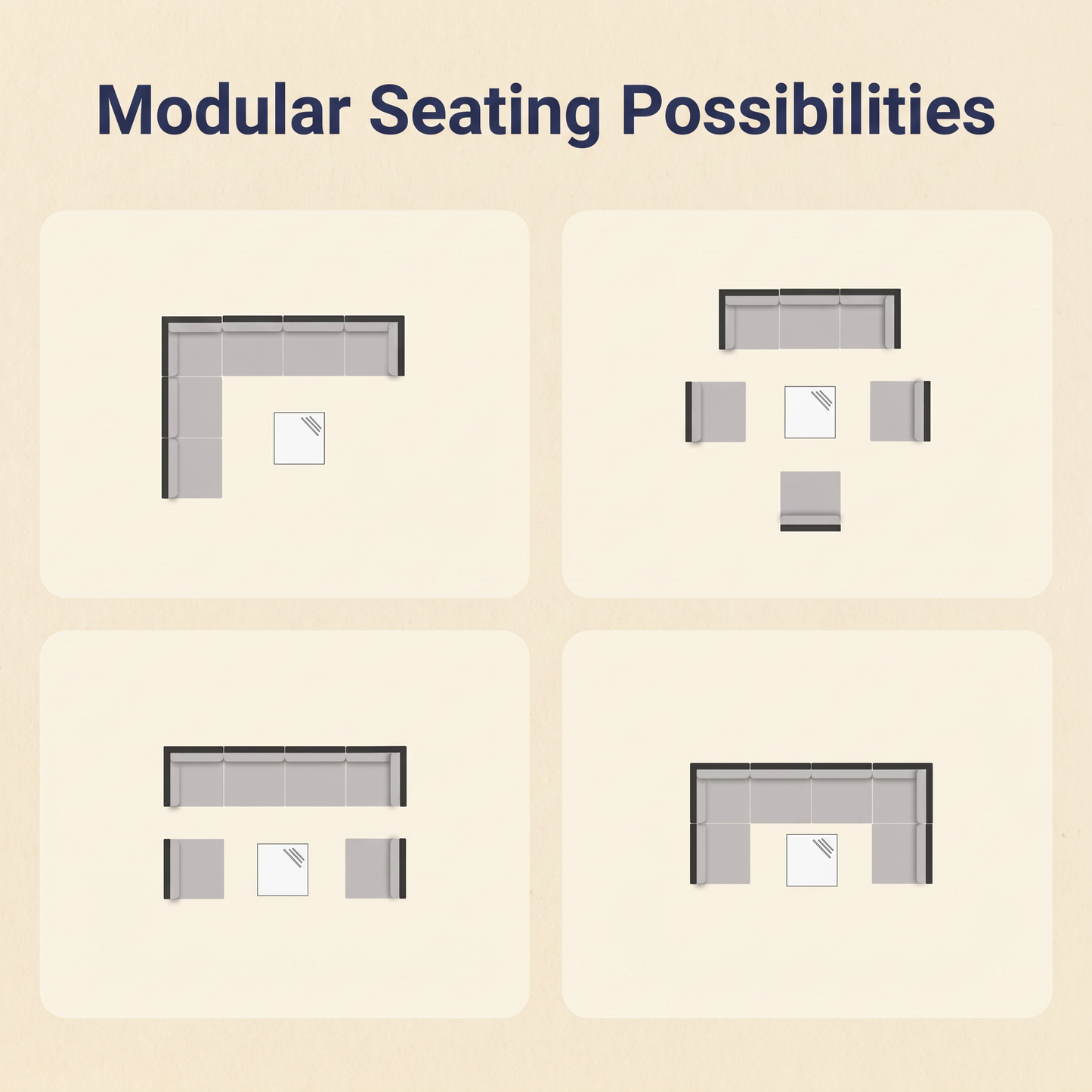 Diagram showing modular seating layout options for the 7-piece wicker outdoor sectional