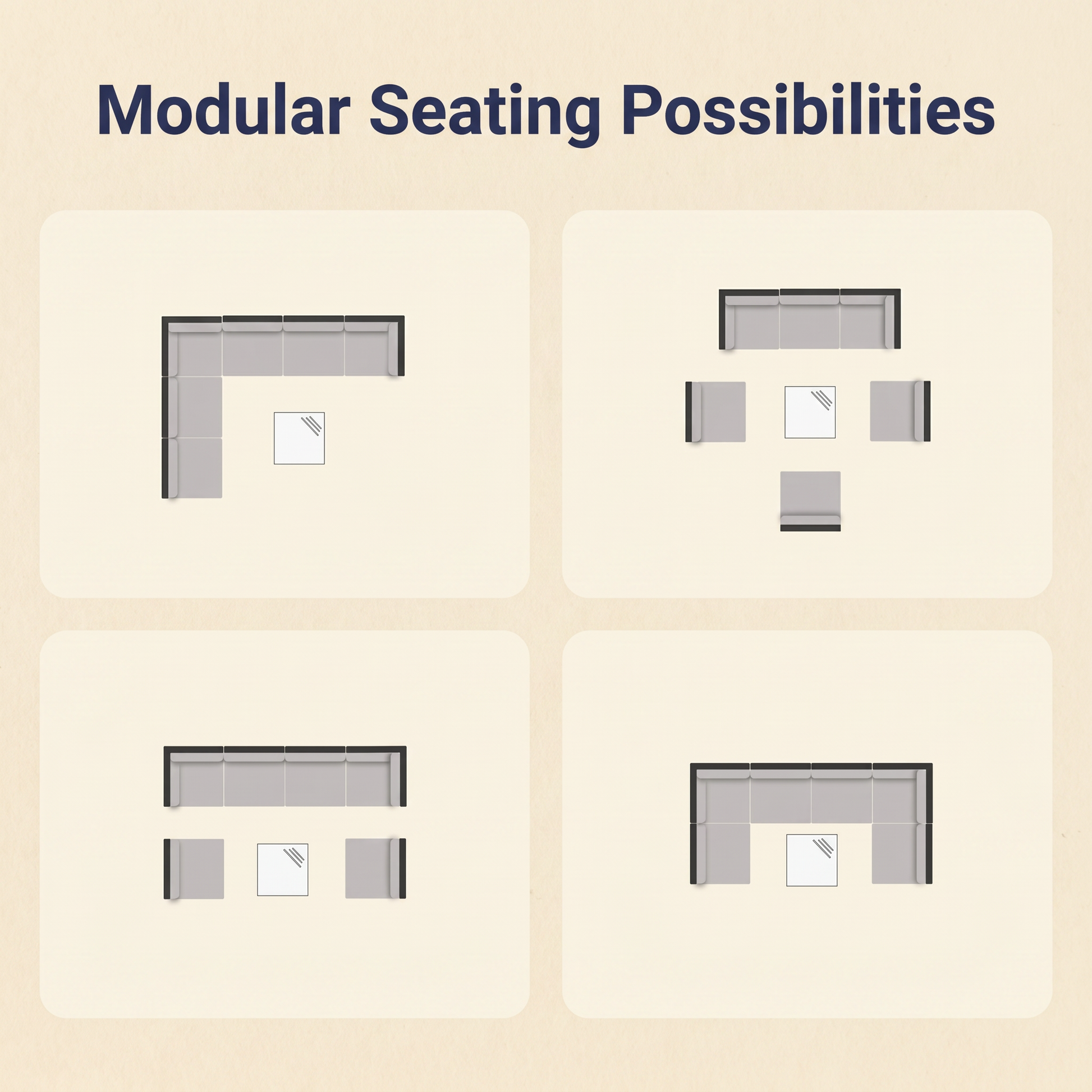 Diagram showing modular seating layout options for the 7-piece wicker outdoor sectional