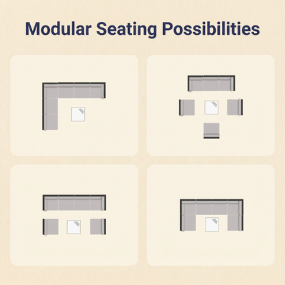 Diagram showing modular seating layout options for the 7-piece wicker outdoor sectional