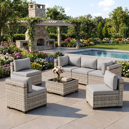 Taupe-cushion 7-piece wicker outdoor sectional by a swimming pool